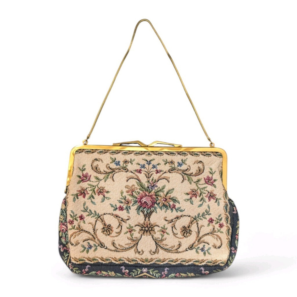 VINTAGE TAPESTRY PURSE Made in West Germany Floral Multicolor Gold Tone Chain